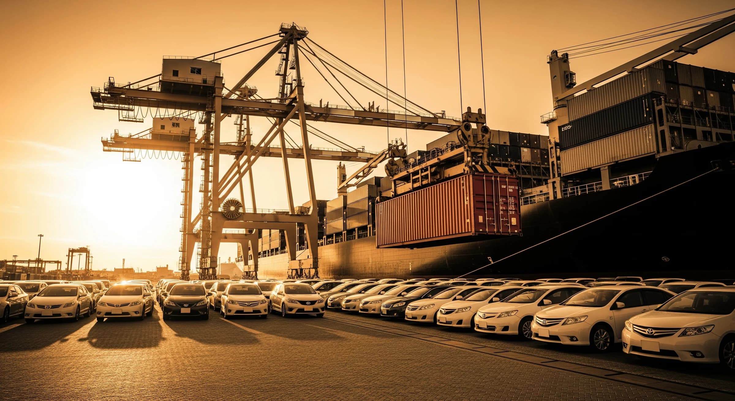 Used cars being loaded for export at a port