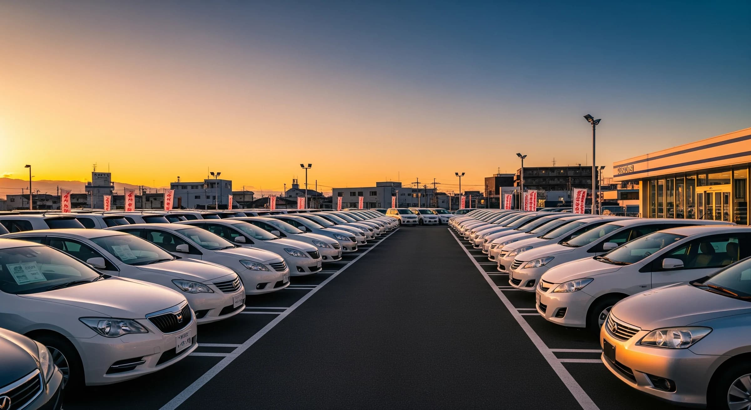 New and used cars lined up on a dealer lot